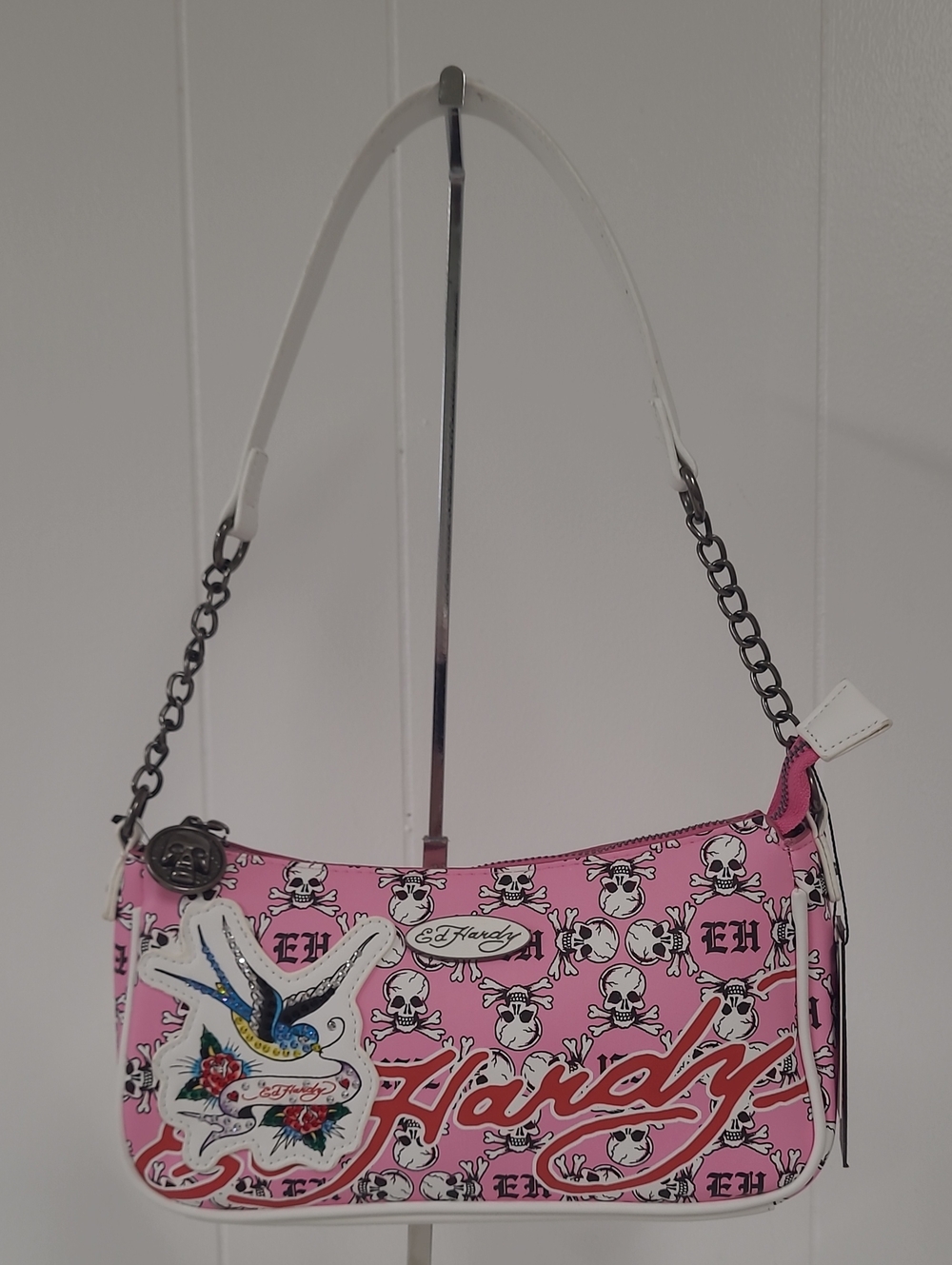 Ed Hardy Pink Skull-Pattern Shoulder/Crossbody Bag with Bird And Rose Patches